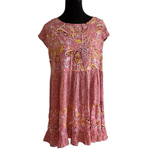Easel S Pink Paisley Rayon Tiered Mini Dress Boho Flowy Short Sleeve Summer
